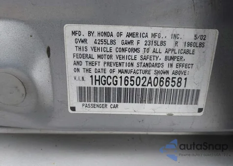 2002 Honda Accord 3.0 Ex из США, поврежденный, VIN 1HGCG16502A066581